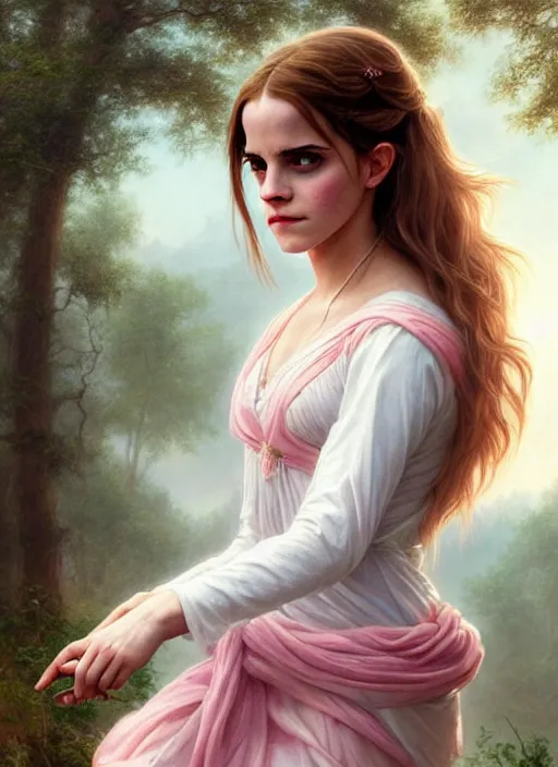 Image similar to emma watson as magic healer goddess, long hair, white and pink cloth, lake in the forest, D&D, shiny background, intricate, elegant, highly detailed, digital painting, artstation, concept art, smooth, sharp focus, illustration, artgerm, bouguereau