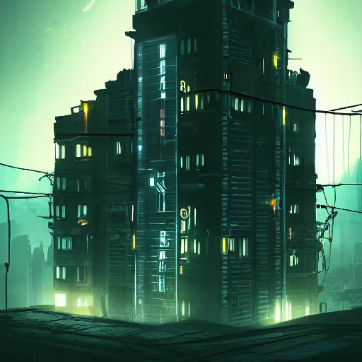 Image similar to One dilapidated building with only one window glowing. ArtStation, Cyberpunk, Vertical Symmetry, 8K, Highly Detailed, Intricate, Album Art.