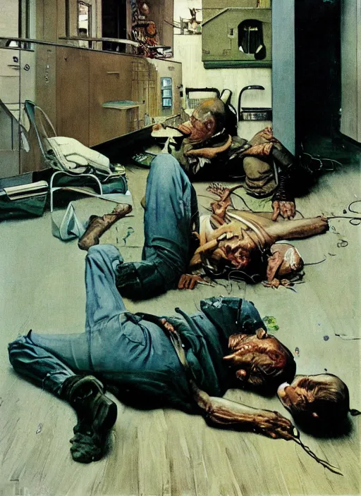 Image similar to dennis hopper crawling around on the floor of a dingy apartment, painted by norman rockwell and frank schoonover, green, dystopian