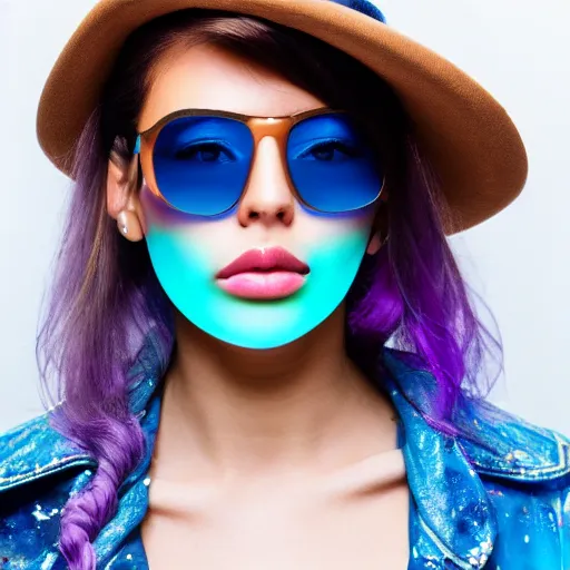 Prompt: closeup painting of a very beautiful young mexican woman with light blue shutter shades, one side haircut, long brown hair with light blue ends, purple leather jacket