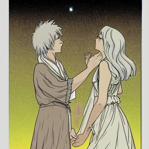 Image similar to ghibli style illustration of the personification of light and the personification of darkness kissing