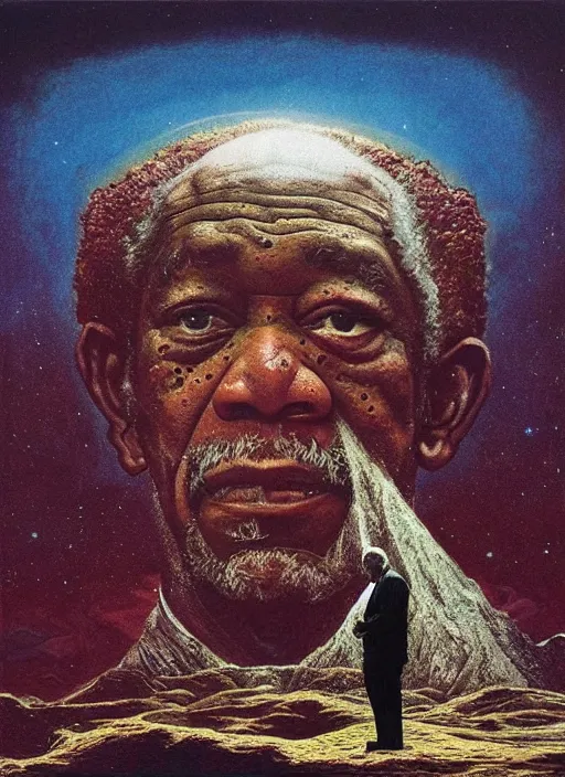 Image similar to Morgan Freeman exploring the space as creator of the world, overview in style of beksinski