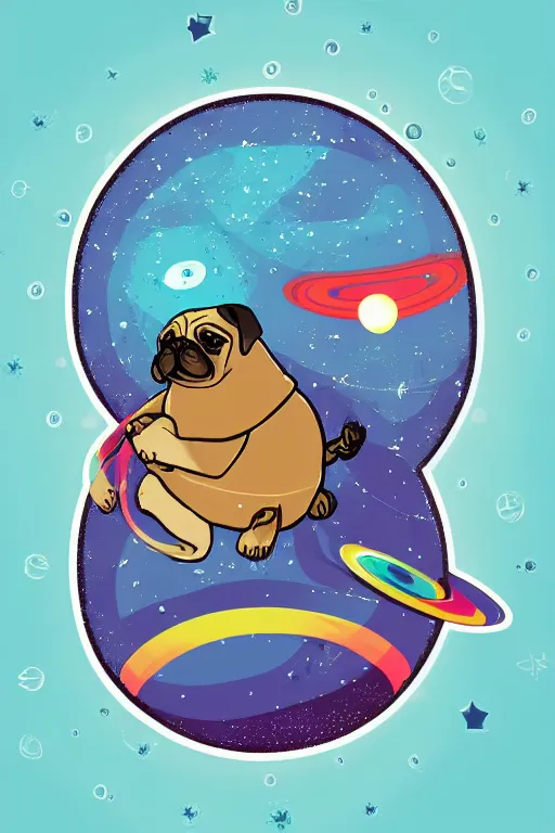 Image similar to planet pug floating in space, art by viktor miller gausa, sticker, colorful, illustration, highly detailed, simple, smooth and clean vector curves, no jagged lines, vector art, smooth