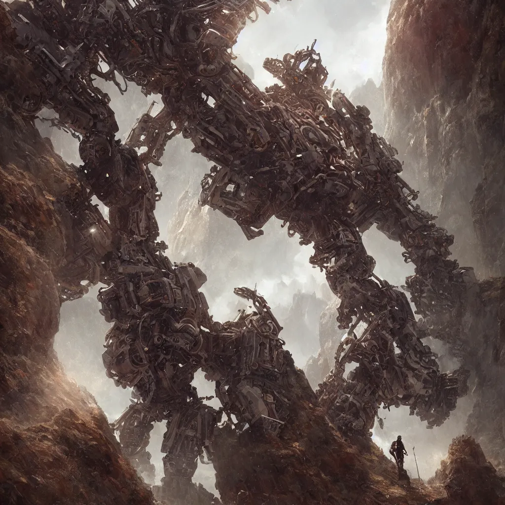 Image similar to a detailed portrait of a giant mechanical humanoid buried half way in the mountains by Greg Rutkowski, Sung Choi, Mitchell Mohrhauser, Maciej Kuciara, Johnson Ting, Maxim Verehin, Peter Konig, final fantasy, Marco lense , 8k photorealistic, cinematic lighting, HD, high details, atmospheric , trending on artstation