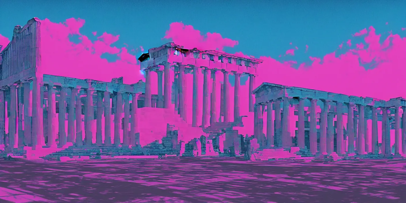 Prompt: the school of athenes paiting in synthwave style