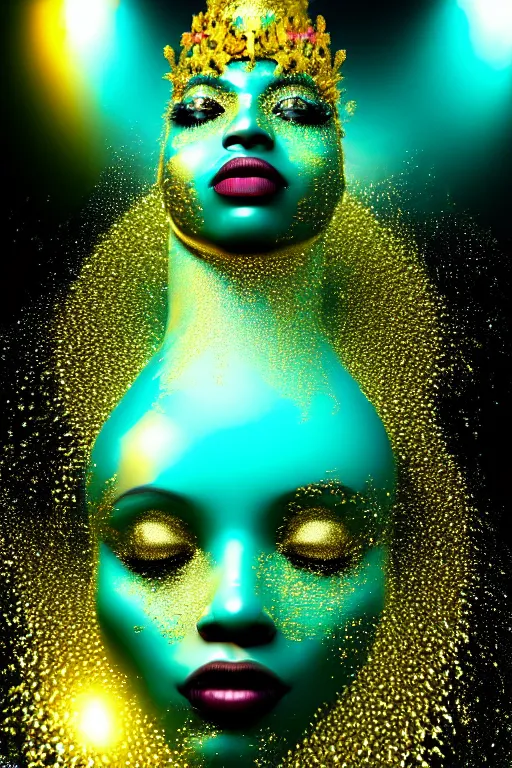 Prompt: hyperrealistic postrococo cinematic very expressive! black oshun goddess, in water up to her shoulders, mirror dripping droplets!, gold flowers, highly detailed face, digital art masterpiece, smooth eric zener cam de leon dramatic pearlescent volumetric teal light, high angle uhd 8 k, sharp focus