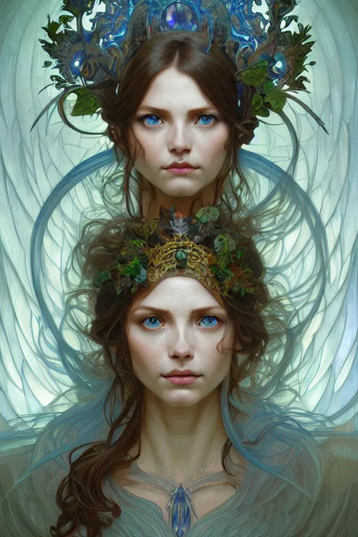 Image similar to portrait of an antropomorthic earth angel, forest spirit, D&D, blue eyes, face, fantasy, intricate, elegant, highly detailed, digital painting, artstation, concept art, smooth, sharp focus, illustration, art by artgerm and greg rutkowski and alphonse mucha