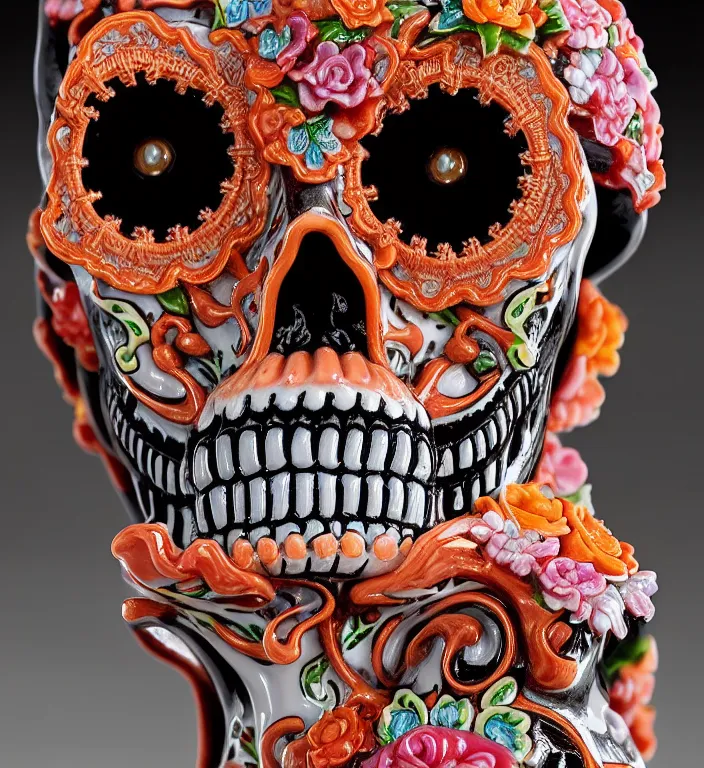 Image similar to La Catrina, A Close up photo-real delicate ceramic porcelain sculpture of a symmetrical ornate detailed in front of an intricate background by Victo Ngai and takato yamamoto, micro detail, backlit lighting, face in focus, subsurface scattering, translucent, thin porcelain, octane renderer, colorful, physically based rendering, japanese pottery, trending on cgsociety