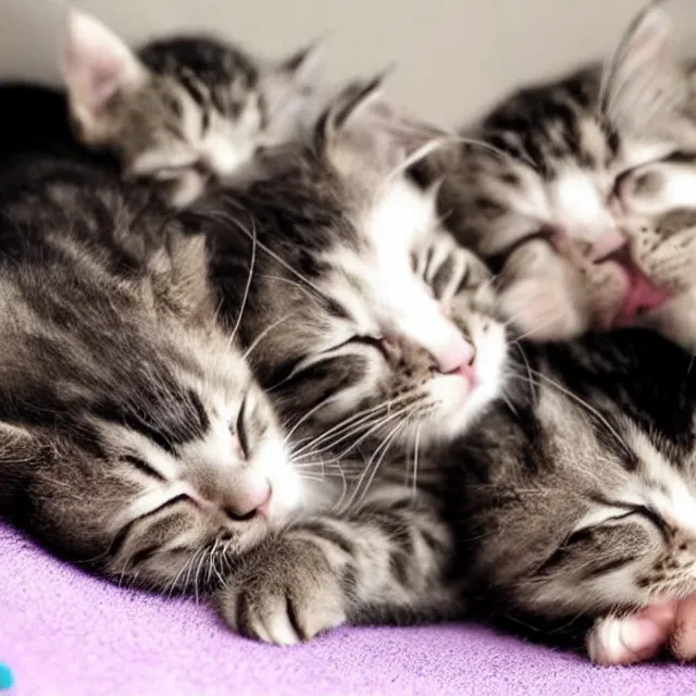 Prompt: final fantsy Four kittens lined up to sleep on the arm of a sleeping girl