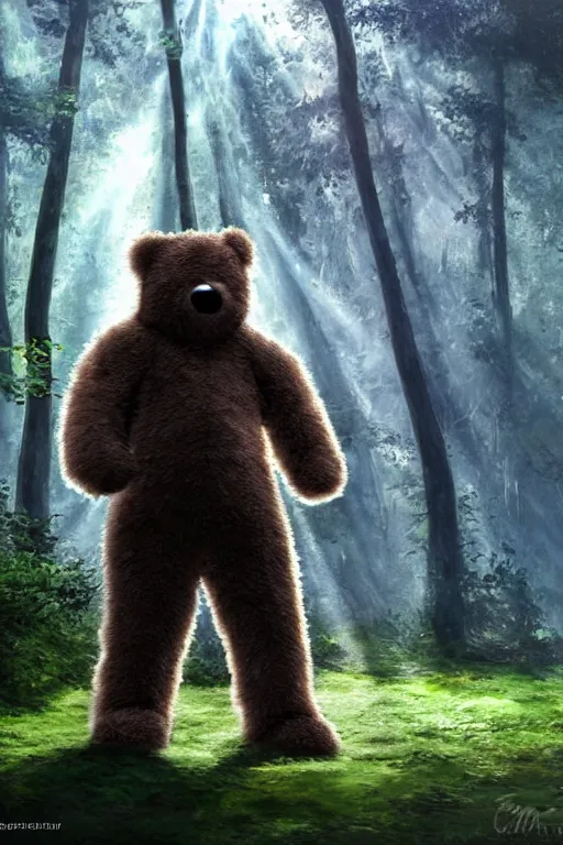 Image similar to mean fluffy teddybear wearing a Crysis Nanosuit in a forest with rays of light coming through the canopy, masterpiece, dystopian, sci-fi, extremely detailed, digital painting, sculpted in zbrush, artstation, concept art, smooth, sharp focus, illustration, chiaroscuro lighting, golden ratio, incredible art, artgerm, greg rutkowski, alphonse mucha, simon stalenhag, carravaggio