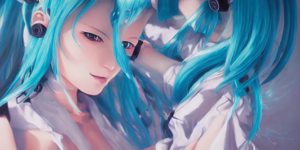 Image similar to A very beautiful painting of Hatsune Miku by rossdraws, wlop, artgerm, Gil Elvgren, Ilya kuvshinov