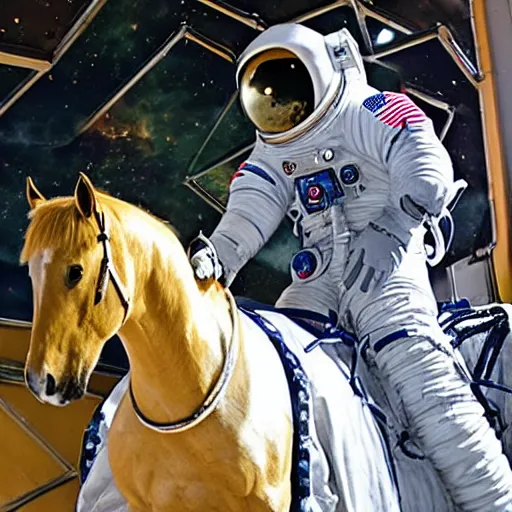 Image similar to the horse sat right on top of the astronaut rides him into space - i