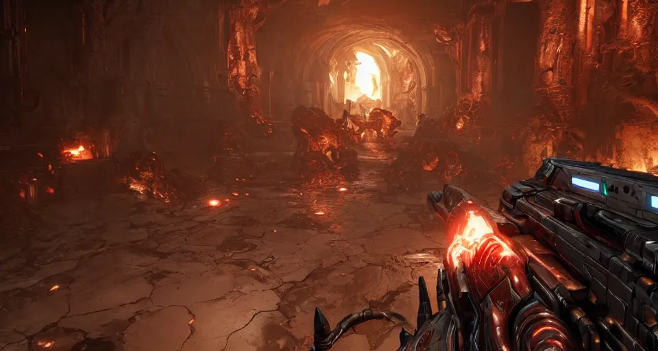 Image similar to gameplay of doom eternal, ambient lighting, concept art, intricate, hyper detailed, smooth, action, volumetric lighting, 3 d render, unreal, octane