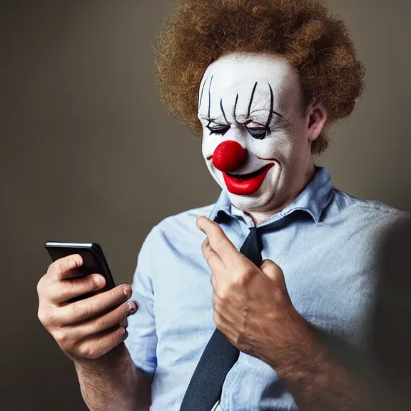 Prompt: clown crying while browsing twitter on his phone