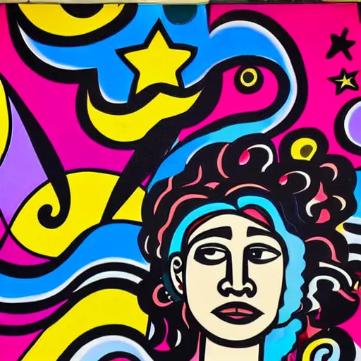 Image similar to Street art. A beautiful illustration of a young girl with long flowing hair, looking up at the stars. She appears to be dreaming or lost in thought. by Lee Krasner, by Romero Britto balmy