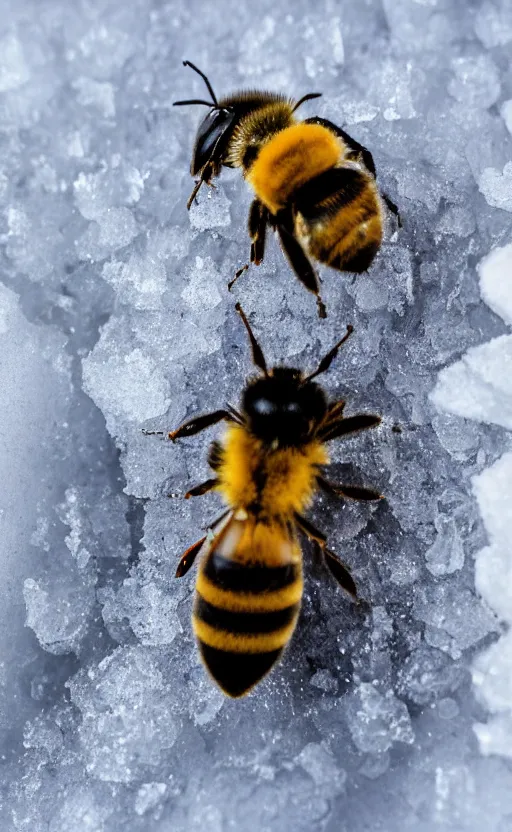 Image similar to a bee and a flower under a layer of ice and snow, beautiful macro photography, ambient light