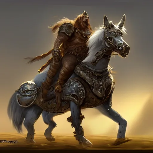 Image similar to fat dog in chainmail armour riding a horse, dnd concept art 4 k