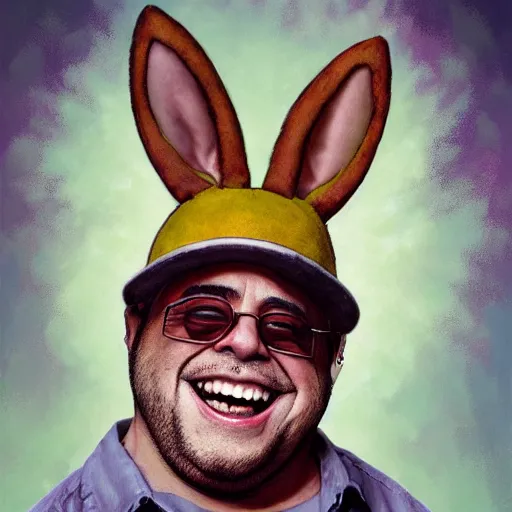 Prompt: hyper realistic, zoomed out portrait of a mega derpy danny devito, big chungus, with bunny ears, smoking massive amounts of weed, big smile, chunk teeth, by greg rutkowski, scott m fischer, artgerm, loish, slight glow, atmospheric, anne stokes, alexandros pyromallis, 4 k, 8 k