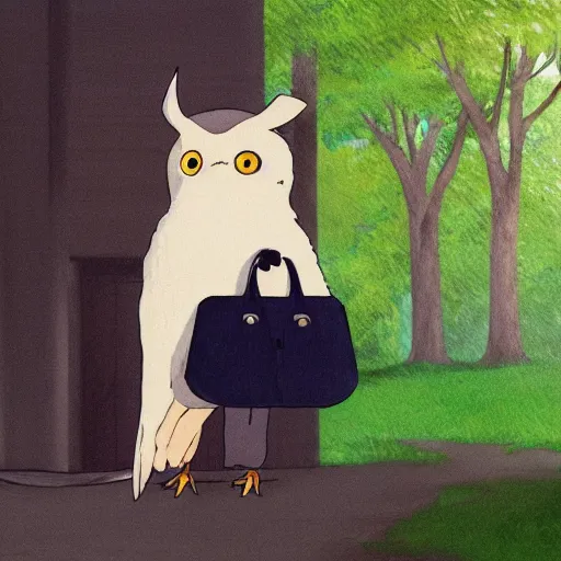 Prompt: still from studio ghibli movie My Neighbor Totoro, Hayao Miyazaki,barn owl in a black suit wearing an office bag going to the office, symetrical face,digital oil painting