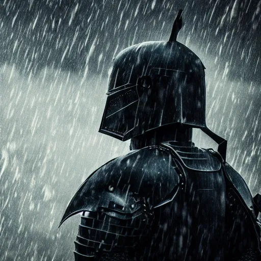 Image similar to dark armor knight in a thunderstorm, epic scene, cinematic, ultra photorealistic, 8k,