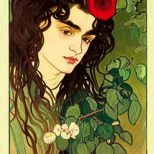 Prompt: painting of young handsome beautiful dark medium wavy hair man in his 2 0 s named shadow taehyung wearing a red rose hair crown at the cucumber and banana soup party in the forest, elegant, clear, painting, stylized, delicate, soft facial features, soft art, art by alphonse mucha, vincent van gogh, egon schiele