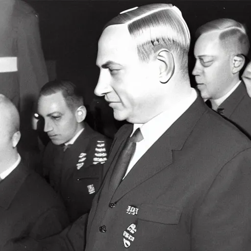 Image similar to benjamin netanyahu in a nazi uniform, epic image, red armband