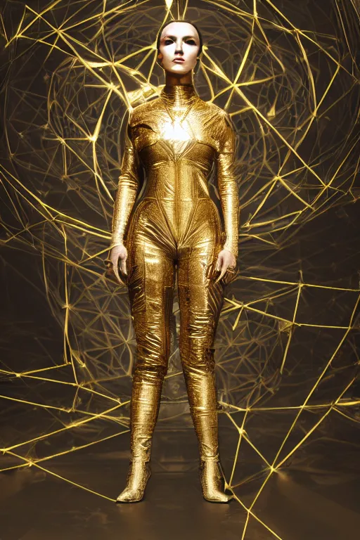 Image similar to beautifull cyberpunk woman model, wearing organic ceramic fractal outfit with gold ornametrics, luxury materials, symmetrical, cinematic, elegant, professional studio light, real dlsr photography, sharp focus, 4 k, ultra hd, sense of awe, high fashion