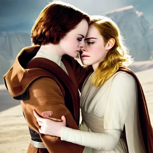 Image similar to emma stone and emma watson in Star Wars, movie still