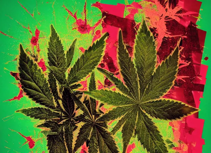 Image similar to category b cannabis film poster, seamless weed texture, blood splatter on the sides, sharp render, painting, grainy tape, glitch, distortion, few details,