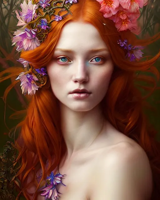 Image similar to Hyperrealistic beautiful and playful ethereal ginger portrait, art nouveau, fantasy, intricate flower designs, elegant, highly detailed, sharp focus, art by Artgerm and Greg Rutkowski and WLOP