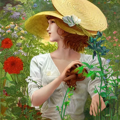 Prompt: slightly rusty robot-gardener in a straw hat, waters flowers, highly detailed, texture, background greenhouse, mild dreamy professional lighting, digital art, smooth, sharp focus, illustration, wide angle shot, full body visible, art by artgerm, by alphonse mucha