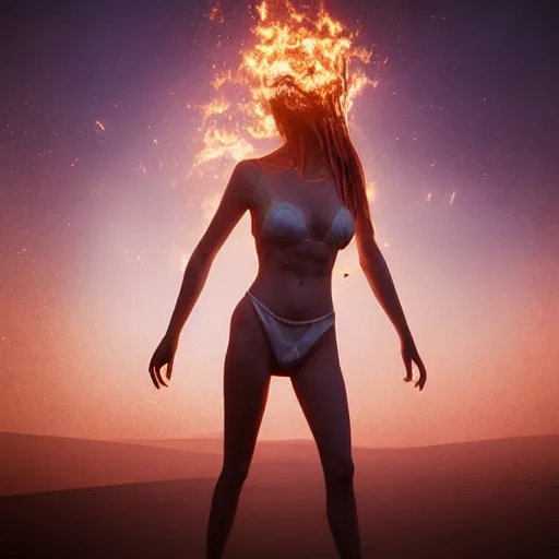 Prompt: full body pose, hyperrealistic photograph of a beautiful girl, burning man, dim volumetric lighting, 8 k, octane beautifully detailed render, extremely hyper detailed, intricate, epic composition, cinematic lighting, masterpiece, trending on artstation, very very detailed, stunning, hdr, smooth, sharp focus, high resolution, award, winning photo, dslr, 5 0 mm