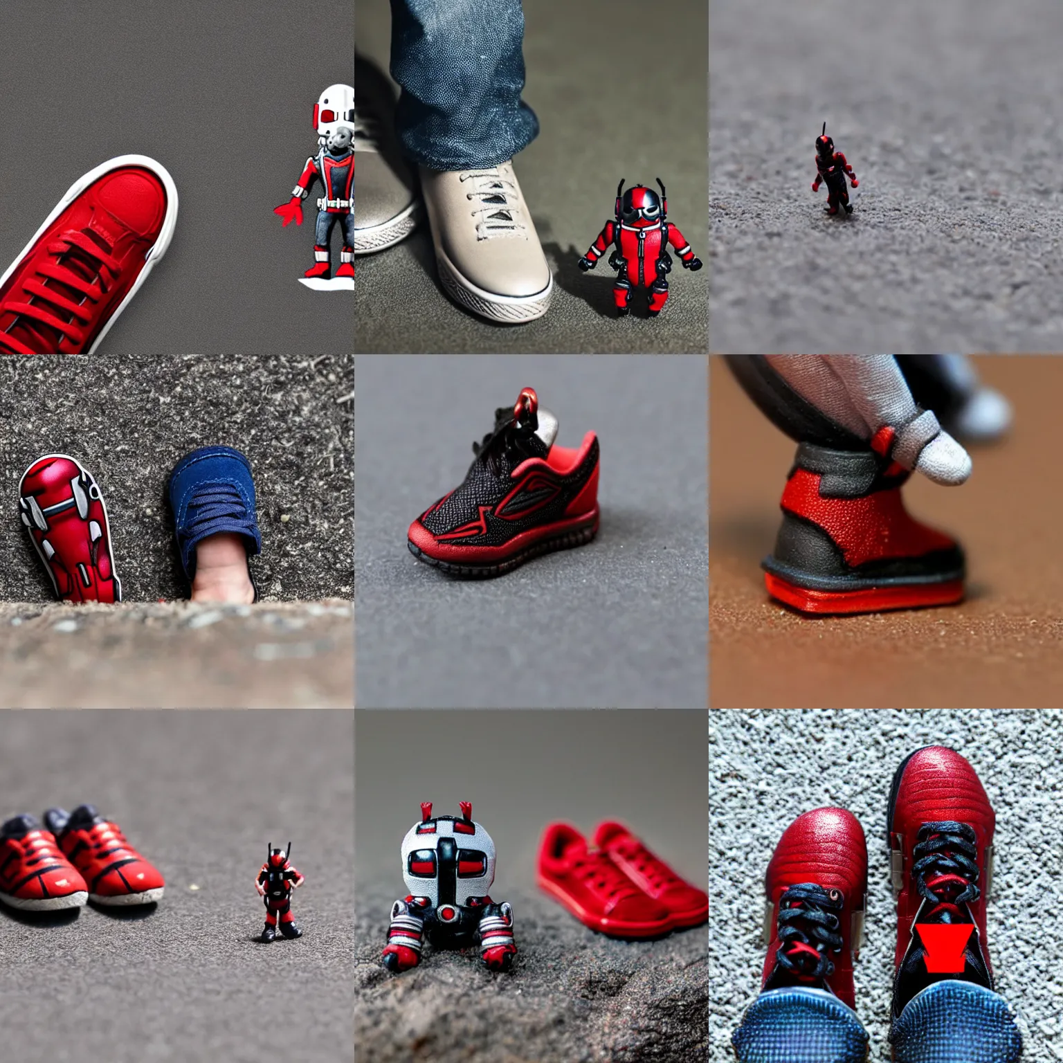 Prompt: A tiny miniature figure of Antman next to a sneaker