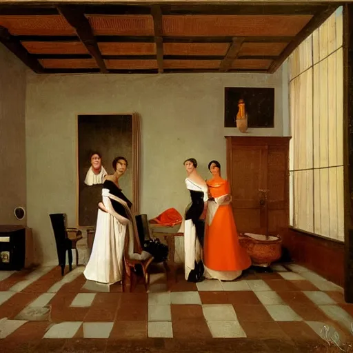 Image similar to photorealistic photoshoot puerto rican fashion designer clothe in tetradic color scheme, pieter de hooch lighting