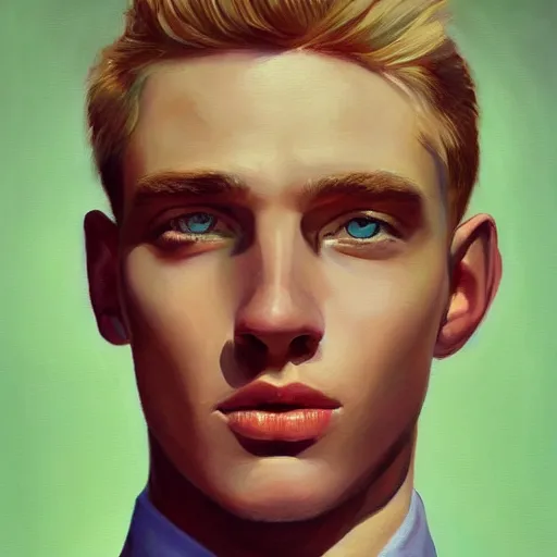 Image similar to A beautiful painting of a young man, blonde, wearing a suit, oil painting, green eyes, gloomy lighting, hyper detailed, trending on artstation