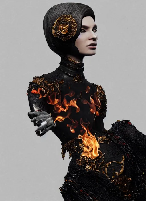 Image similar to 3d fashion portrait with fire, female, future, torch, flame, harper's bazaar, vogue, fashion magazine, intricate, concept art, close up, ornate, luxury, elite, elegant, trending on artstation, by ruan jia, by Kenneth Willardt, by ross tran, by WLOP, by Andrei Riabovitchev,