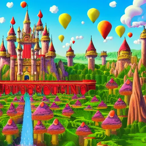 Image similar to large fantasy castle in the style of peaches castle in super mario, giant red and white spotted mushrooms, exotic flowers, roses, in a huge garden, sharp rays of sunlight, mortal engines howls moving castle, distant - mid - shot, fantasy, hyper detailed, 4 k