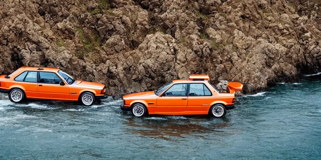 Image similar to orange bmw e30 m3 driving off a cliff into the ocean