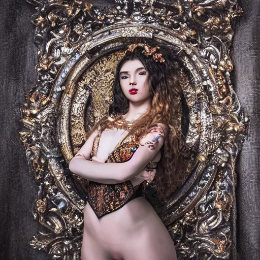 Prompt: a photo of a young female wearing wearable art, baroque, ornate, photorealistic, studio shoot, 8 k