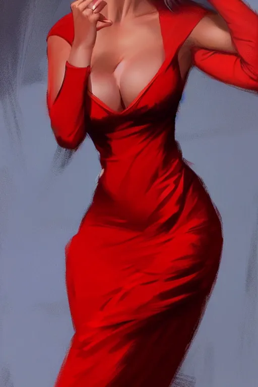 Image similar to full length portrait of very very very very very very beautiful women with amazing body figure wearing red dress, evening makeup, digital painting, trending on artstation, concept art, sharp focus, illustration, art by artgerm and greg rutkowski and magali villeneuve