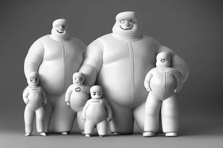 Image similar to a porcelain model, family portrait of Michelin Man, Bibendum family portrait, sculpture, photograph, studio lighting, product photography, pottery, figurine, octane render