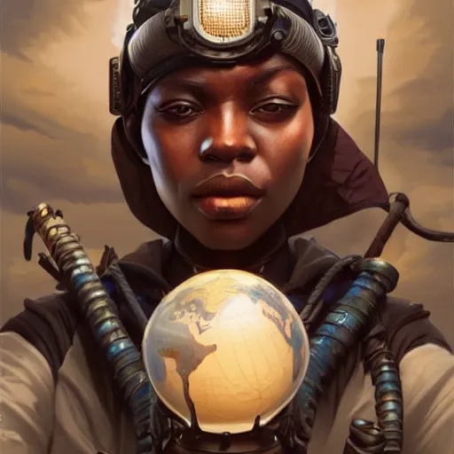 Prompt: african dieselpunk bandit, science fiction, highly detailed, digital painting, beautiful eyes, symmetry, concept art, sharp focus, illustration, global illumination, radiant light, detailed and intricate environment, art by artgerm and greg rutkowski and magali villeneuve and ilya kuvshinov!