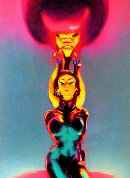 Image similar to female evil android, neon hair, glowing skin, strong line, saturated color, beautiful! coherent! by frank frazetta, high contrast, minimalism