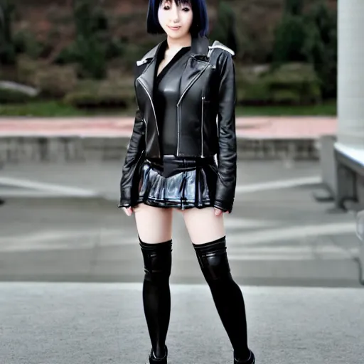 Prompt: an epic cinematic 8K HD movie shot of a japanese young J-Pop idol girl wearing leather jacket, miniskirt, nylon tights and high heels boots. Inspirational arthouse