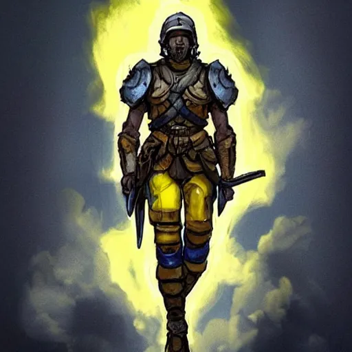 Image similar to a full body shot from distance of a great soldier with a yellow and blue flag standing in the beam of light from the clouds in a triumph after battle, western, masculine figure, D&D, fantasy, intricate, elegant, highly detailed, digital painting, artstation, concept art, matte, sharp focus, symmetrical, illustration, art by Artgerm and Greg Rutkowski and Alphonse Mucha