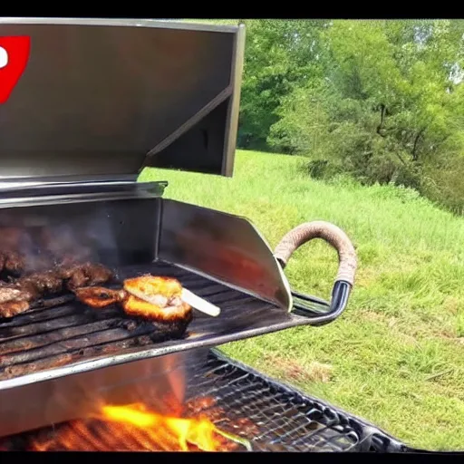 Prompt: trailcam footage of a cat cooking a meal using a bbq. caught on camera