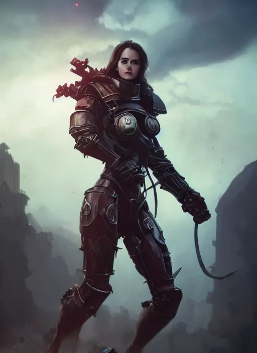 Prompt: hyper realistic heroic warhammer machine warrior android girl, cinematic, chaos marine, emma watson, artstation, cgsociety, full body, greg rutkowski, james gurney, mignola, craig mullins, brom redshift, vray, octane