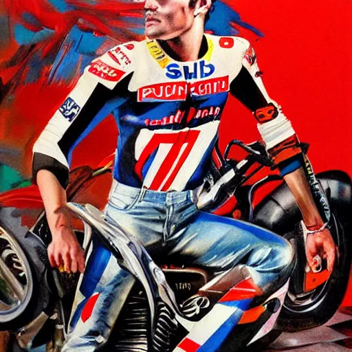 Image similar to photorealistic picture, by bob peak and alex ross, moto gp ads in 1 9 9 0 s, gouache and wash paints, fine details, fine intricate, fine facial proportionate, fine body proportionate, fine fix broken line, fine fix duplicate line, smooth shar focus, sharp focus