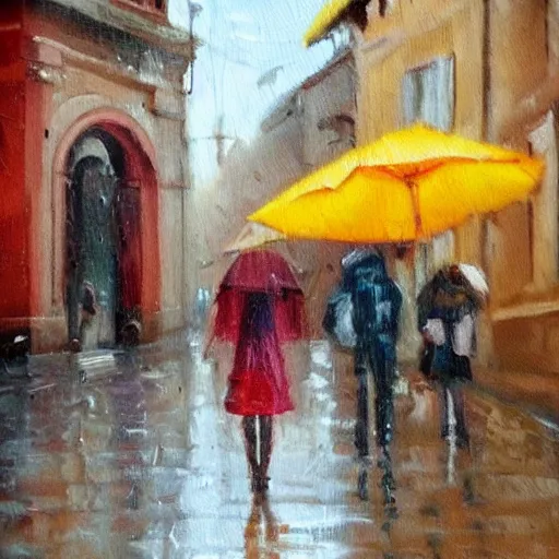 Prompt: drinking coffe in the rain, oil paiting, italian city