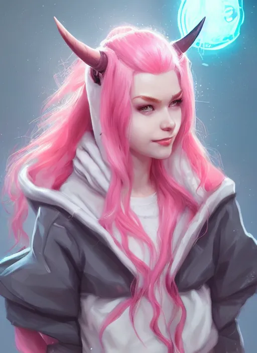 Prompt: a highly detailed illustration of cute smug pink haired pale girl with curved horns wearing oversized pink hoodie, dramatic smirk pose, intricate, elegant, highly detailed, centered, digital painting, artstation, concept art, smooth, sharp focus, league of legends concept art, wlop.
